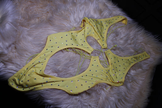 Mellow Yellow Candy Teddy Stripper One Piece with Rhinestones